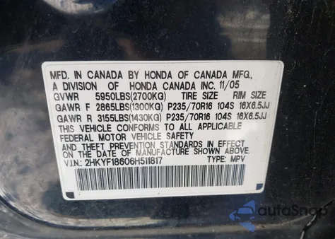 2006 Honda Pilot Ex-L z USA, uszkodzony, nr VIN 2HKYF18606H511817